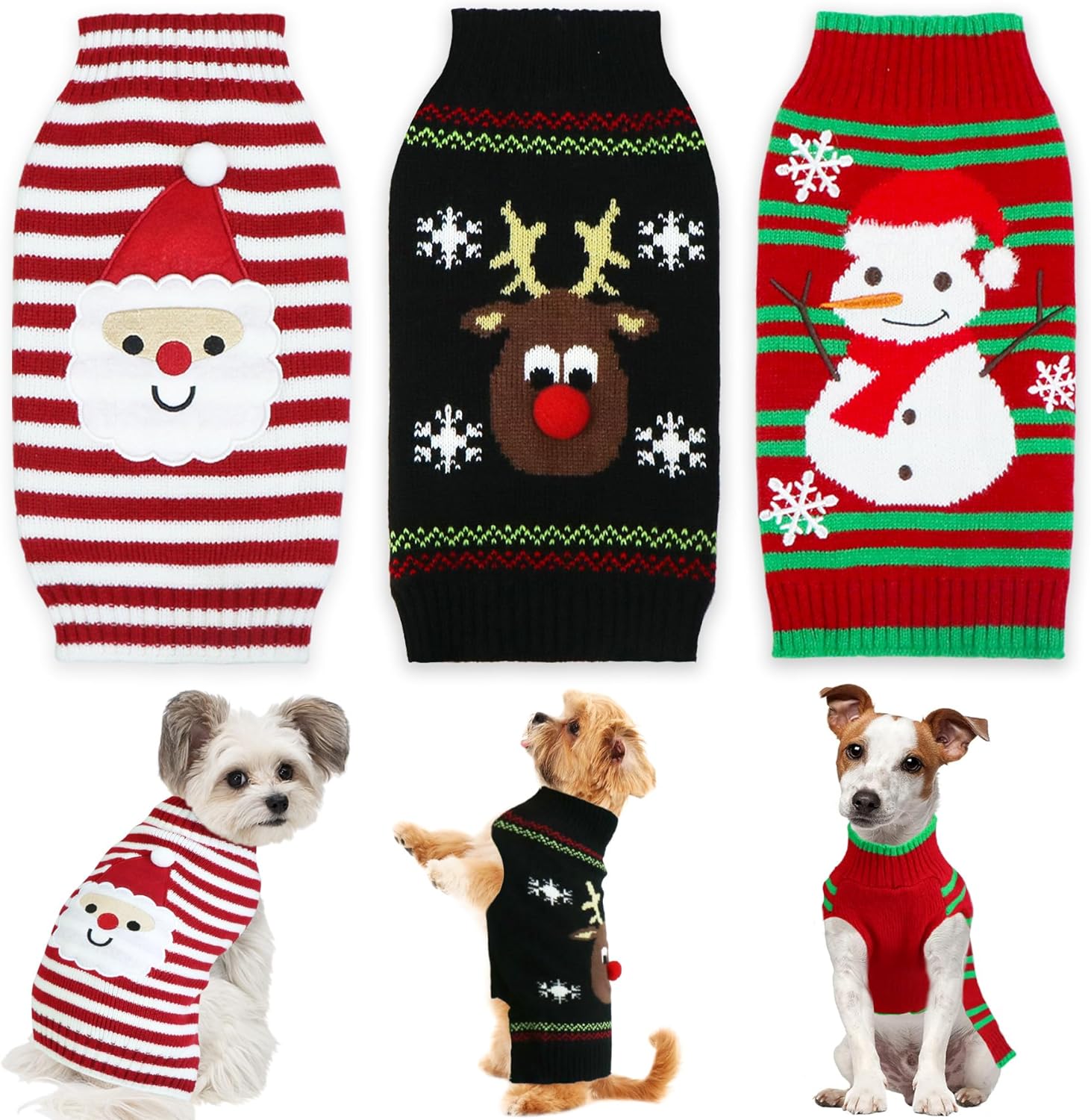 3 Pack Dog Christmas Sweater, GOYOSWA Dog Christmas Outfit Dog Holiday Sweater Santa Reindeer Snowman Knitted Sweaters for Small Medium Large Dogs Pets (Medium)